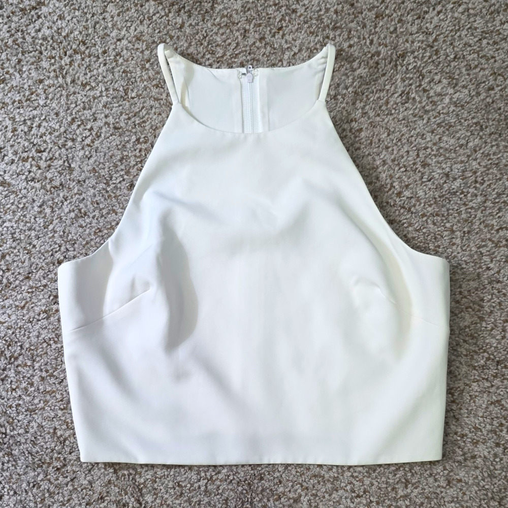 Belle Badgley Mischka Womens White Halter Cropped Tank Top Lined Zip Back Size 8